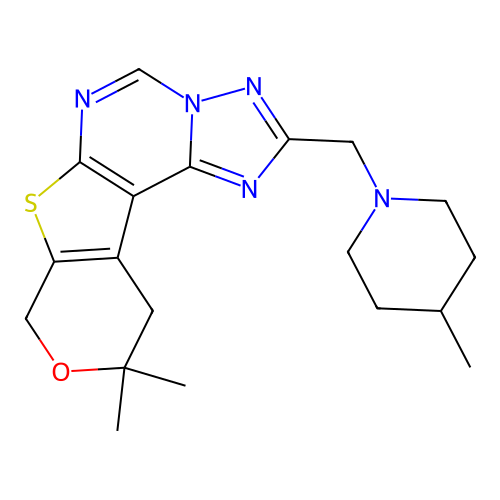 10,10-dimethyl-2-((4-methylpiperidin-1-yl)methyl)-10,11-dihydro-8H-pyrano[4',3':4,5]thieno[3,2-e][1,2,4]triazolo[1,5-c]pyrimidine structure