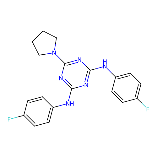 N2,N4-bis(4-fluorophenyl)-6-(pyrrolidin-1-yl)-1,3,5-triazine-2,4-diamine structure
