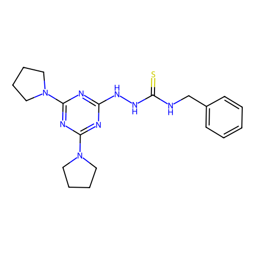 1-Benzyl-3-[(4,6-dipyrrolidin-1-yl-1,3,5-triazin-2-yl)amino]thiourea structure
