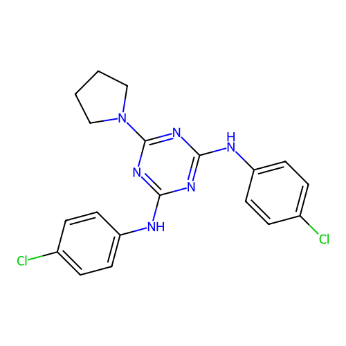N2,N4-bis(4-chlorophenyl)-6-(pyrrolidin-1-yl)-1,3,5-triazine-2,4-diamine structure