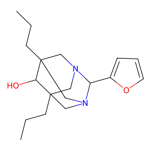(1r,5R,7S)-2-(furan-2-yl)-5,7-dipropyl-1,3-diazaadamantan-6-ol structure