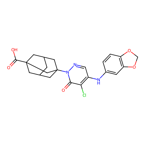 3-[4-(1,3-benzodioxol-5-ylamino)-5-chloro-6-oxopyridazin-1-yl]adamantane-1-carboxylic acid structure