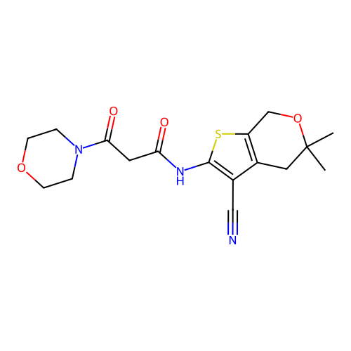 N-(3-cyano-5,5-dimethyl-4,7-dihydro-5H-thieno[2,3-c]pyran-2-yl)-3-(morpholin-4-yl)-3-oxopropanamide structure