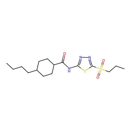 4-butyl-N-[5-(propylsulfonyl)-1,3,4-thiadiazol-2-yl]cyclohexanecarboxamide structure