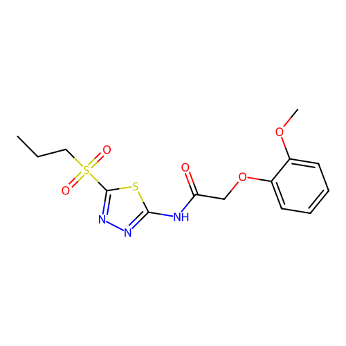 2-(2-methoxyphenoxy)-N-[(2Z)-5-(propylsulfonyl)-1,3,4-thiadiazol-2(3H)-ylidene]acetamide structure