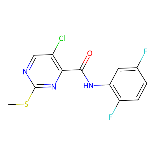 5-chloro-N-(2,5-difluorophenyl)-2-methylsulfanylpyrimidine-4-carboxamide structure
