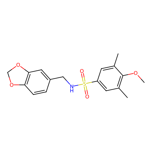 N-(1,3-benzodioxol-5-ylmethyl)-4-methoxy-3,5-dimethylbenzenesulfonamide structure