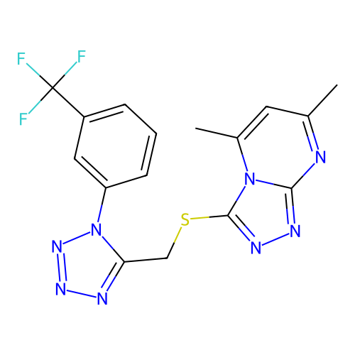 5,7-dimethyl-3-[({1-[3-(trifluoromethyl)phenyl]-1H-tetrazol-5-yl}methyl)sulfanyl][1,2,4]triazolo[4,3-a]pyrimidine structure