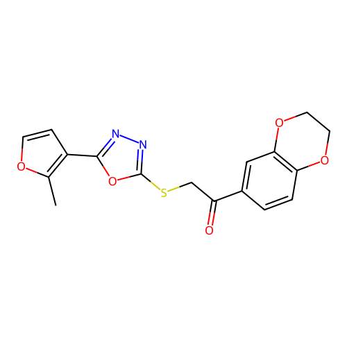 1-(2,3-dihydro-1,4-benzodioxin-6-yl)-2-[[5-(2-methylfuran-3-yl)-1,3,4-oxadiazol-2-yl]sulfanyl]ethanone structure