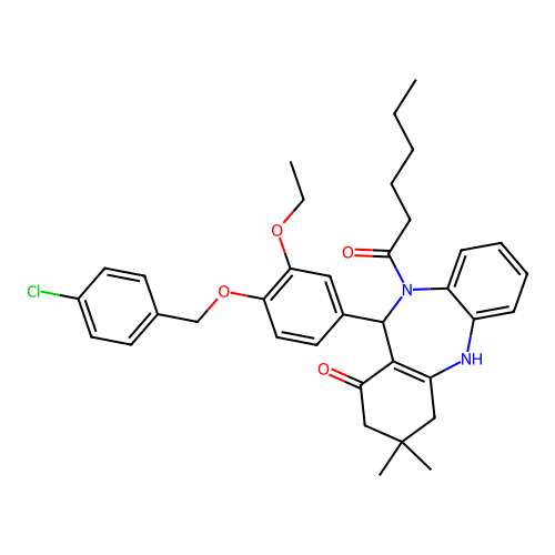 1-(11-{4-[(4-chlorobenzyl)oxy]-3-ethoxyphenyl}-1-hydroxy-3,3-dimethyl-2,3,4,11-tetrahydro-10H-dibenzo[b,e][1,4]diazepin-10-yl)hexan-1-one structure