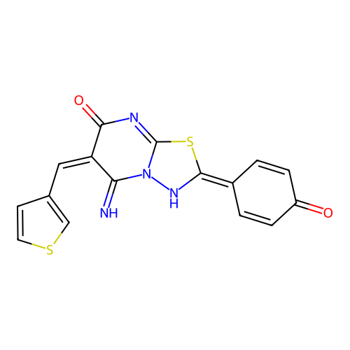 (E)-2-(4-hydroxyphenyl)-5-imino-6-(thiophen-3-ylmethylene)-5H-[1,3,4]thiadiazolo[3,2-a]pyrimidin-7(6H)-one structure