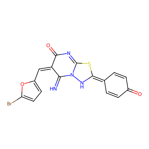 (E)-6-((5-bromofuran-2-yl)methylene)-2-(4-hydroxyphenyl)-5-imino-5H-[1,3,4]thiadiazolo[3,2-a]pyrimidin-7(6H)-one structure