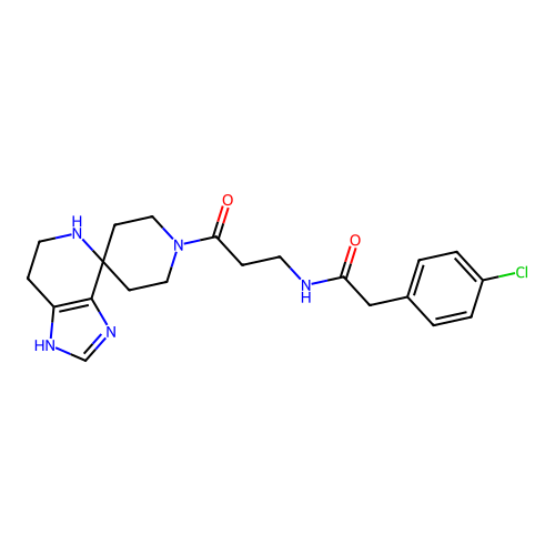 2-(4-chlorophenyl)-N-(3-oxo-3-(1,5,6,7-tetrahydrospiro[imidazo[4,5-c]pyridine-4,4'-piperidin]-1'-yl)propyl)acetamide structure