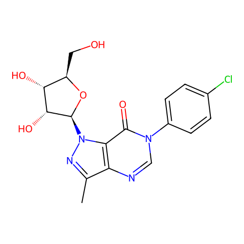 6-(4-Chloro-phenyl)-1-(3,4-dihydroxy-5-hydroxymethyl-tetrahydro-furan-2-yl)-3-methyl-1,6-dihydro-pyrazolo(4,3-d)pyrimidin-7-one structure