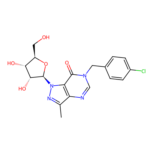 6-(4-Chloro-benzyl)-1-(3,4-dihydroxy-5-hydroxymethyl-tetrahydro-furan-2-yl)-3-methyl-1,6-dihydro-pyrazolo(4,3-d)pyrimidin-7-one structure