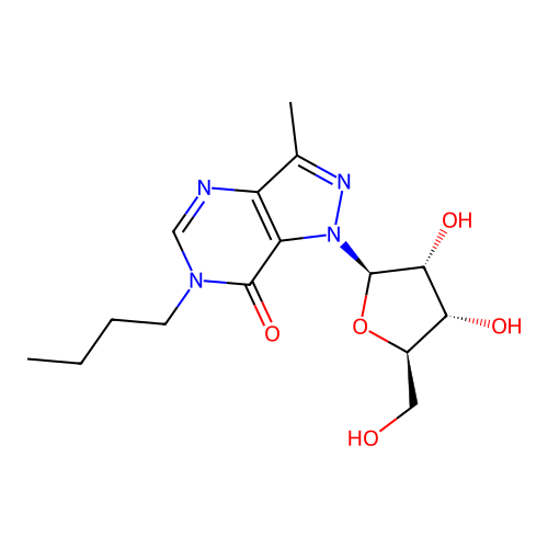 6-Butyl-1-(3,4-dihydroxy-5-hydroxymethyl-tetrahydro-furan-2-yl)-3-methyl-1,6-dihydro-pyrazolo(4,3-d)pyrimidin-7-one structure
