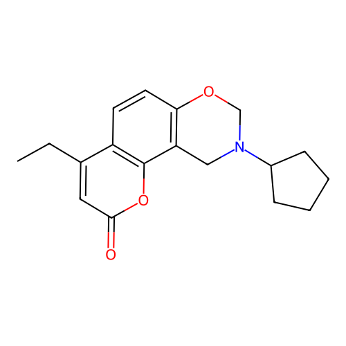 9-cyclopentyl-4-ethyl-9,10-dihydro-2H,8H-chromeno[8,7-e][1,3]oxazin-2-one structure