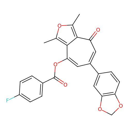 6-(1,3-benzodioxol-5-yl)-1,3-dimethyl-4-oxo-4H-cyclohepta[c]furan-8-yl 4-fluorobenzoate structure
