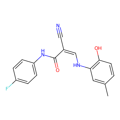 (2Z)-2-cyano-N-(4-fluorophenyl)-3-[(2-hydroxy-5-methylphenyl)amino]prop-2-enamide structure