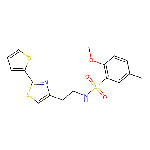 2-methoxy-5-methyl-N-{2-[2-(thiophen-2-yl)-1,3-thiazol-4-yl]ethyl}benzenesulfonamide structure