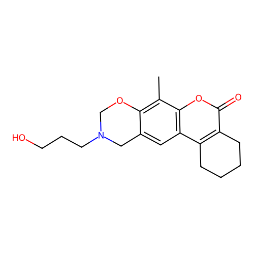 10-(3-hydroxypropyl)-7-methyl-1,2,3,4,10,11-hexahydro-5H,9H-benzo[3,4]chromeno[6,7-e][1,3]oxazin-5-one structure