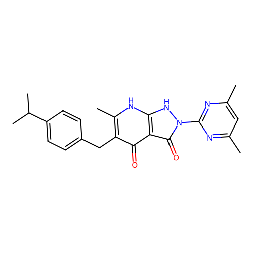 2-(4,6-dimethylpyrimidin-2-yl)-6-methyl-5-[4-(propan-2-yl)benzyl]-1H-pyrazolo[3,4-b]pyridine-3,4(2H,7H)-dione structure