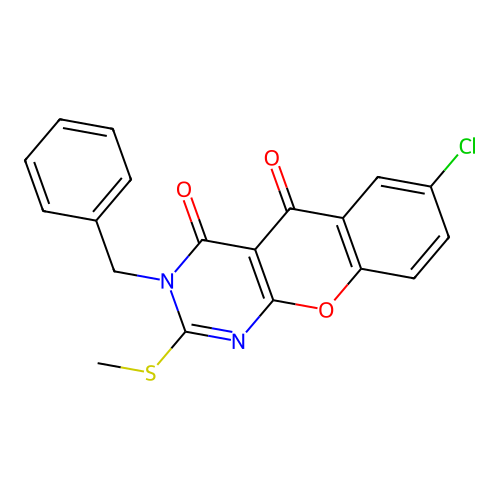 3-benzyl-7-chloro-2-(methylthio)-3H-chromeno[2,3-d]pyrimidine-4,5-dione structure