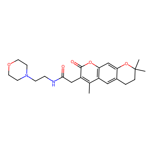 N-(2-morpholinoethyl)-2-(4,8,8-trimethyl-2-oxo-2,6,7,8-tetrahydropyrano[3,2-g]chromen-3-yl)acetamide structure