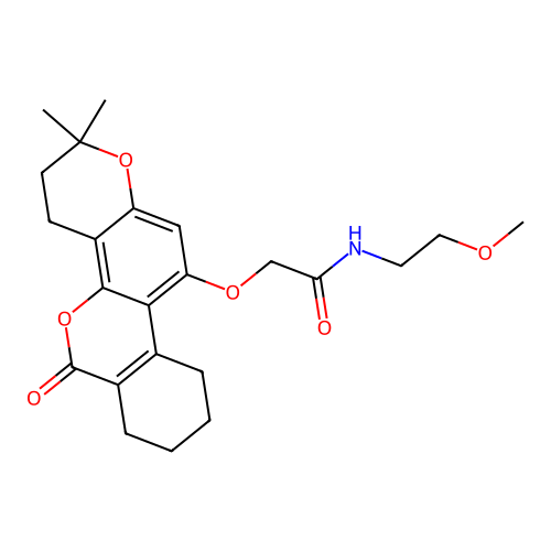 2-((2,2-dimethyl-6-oxo-2,3,4,6,7,8,9,10-octahydrobenzo[c]pyrano[2,3-h]chromen-11-yl)oxy)-N-(2-methoxyethyl)acetamide structure