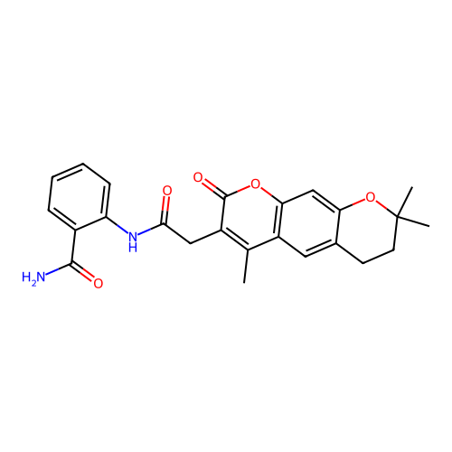 2-(2-(4,8,8-trimethyl-2-oxo-2,6,7,8-tetrahydropyrano[3,2-g]chromen-3-yl)acetamido)benzamide structure