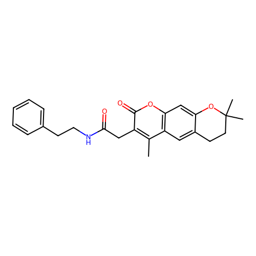 N-phenethyl-2-(4,8,8-trimethyl-2-oxo-2,6,7,8-tetrahydropyrano[3,2-g]chromen-3-yl)acetamide structure