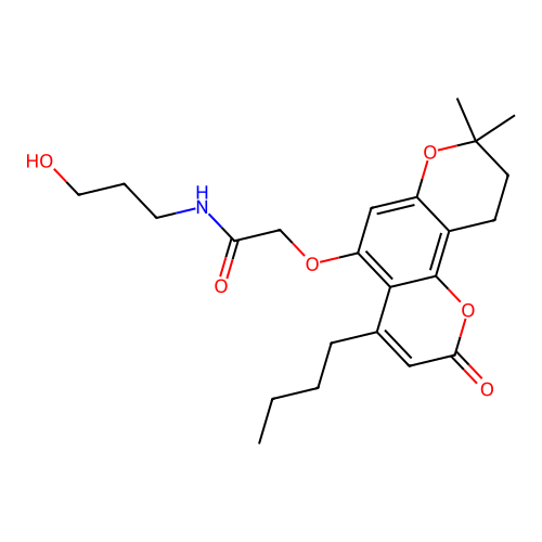 2-((4-butyl-8,8-dimethyl-2-oxo-2,8,9,10-tetrahydropyrano[2,3-f]chromen-5-yl)oxy)-N-(3-hydroxypropyl)acetamide structure