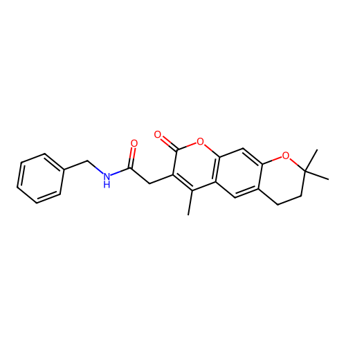 N-benzyl-2-(4,8,8-trimethyl-2-oxo-2,6,7,8-tetrahydropyrano[3,2-g]chromen-3-yl)acetamide structure
