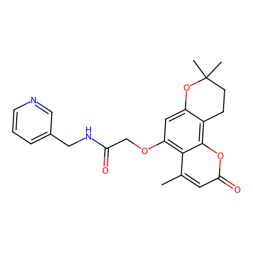N-(pyridin-3-ylmethyl)-2-((4,8,8-trimethyl-2-oxo-2,8,9,10-tetrahydropyrano[2,3-f]chromen-5-yl)oxy)acetamide structure