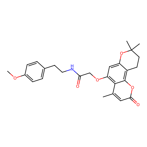 N-(4-methoxyphenethyl)-2-((4,8,8-trimethyl-2-oxo-2,8,9,10-tetrahydropyrano[2,3-f]chromen-5-yl)oxy)acetamide structure