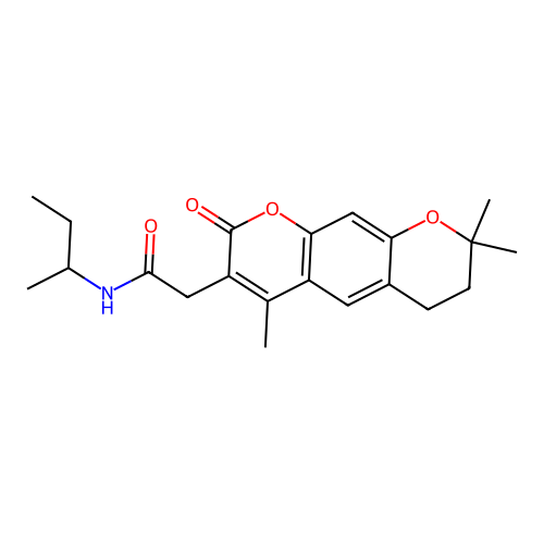 N-(sec-butyl)-2-(4,8,8-trimethyl-2-oxo-2,6,7,8-tetrahydropyrano[3,2-g]chromen-3-yl)acetamide structure