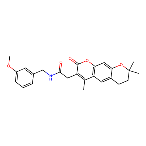 N-(3-methoxybenzyl)-2-(4,8,8-trimethyl-2-oxo-2,6,7,8-tetrahydropyrano[3,2-g]chromen-3-yl)acetamide structure