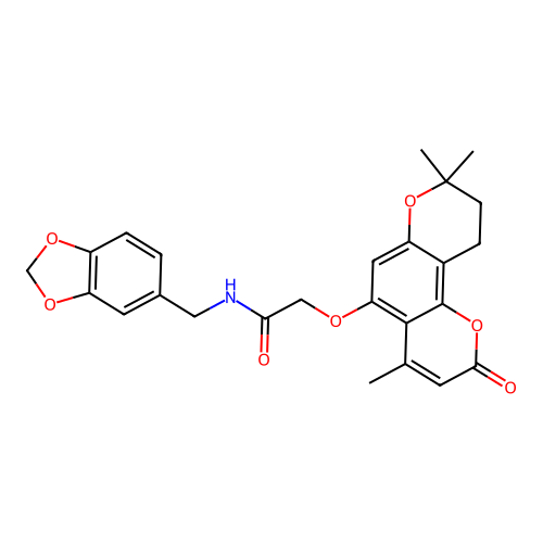 N-(benzo[d][1,3]dioxol-5-ylmethyl)-2-((4,8,8-trimethyl-2-oxo-2,8,9,10-tetrahydropyrano[2,3-f]chromen-5-yl)oxy)acetamide structure