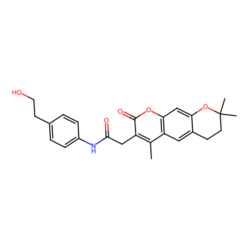 N-(4-(2-hydroxyethyl)phenyl)-2-(4,8,8-trimethyl-2-oxo-2,6,7,8-tetrahydropyrano[3,2-g]chromen-3-yl)acetamide structure