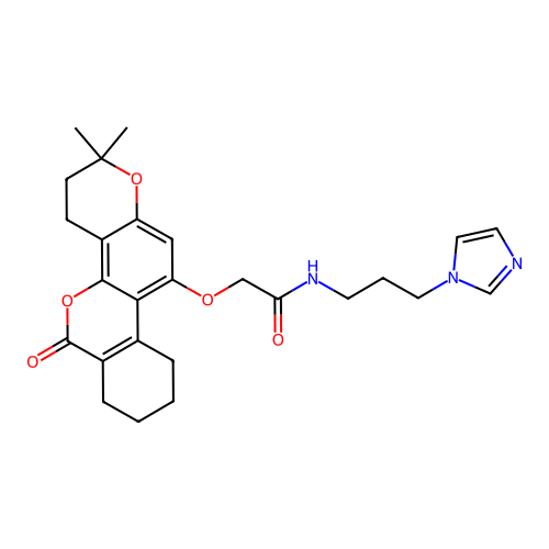 N-(3-(1H-imidazol-1-yl)propyl)-2-((2,2-dimethyl-6-oxo-2,3,4,6,7,8,9,10-octahydrobenzo[c]pyrano[2,3-h]chromen-11-yl)oxy)acetamide structure