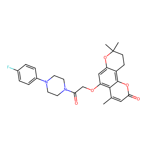 5-(2-(4-(4-fluorophenyl)piperazin-1-yl)-2-oxoethoxy)-4,8,8-trimethyl-9,10-dihydropyrano[2,3-f]chromen-2(8H)-one structure