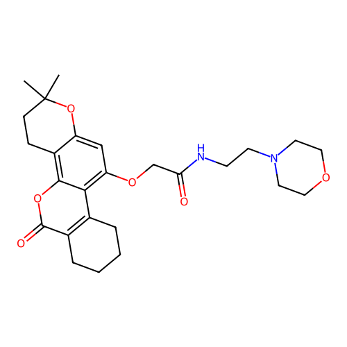 2-((2,2-dimethyl-6-oxo-2,3,4,6,7,8,9,10-octahydrobenzo[c]pyrano[2,3-h]chromen-11-yl)oxy)-N-(2-morpholinoethyl)acetamide structure