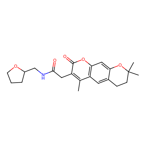 N-((tetrahydrofuran-2-yl)methyl)-2-(4,8,8-trimethyl-2-oxo-2,6,7,8-tetrahydropyrano[3,2-g]chromen-3-yl)acetamide structure