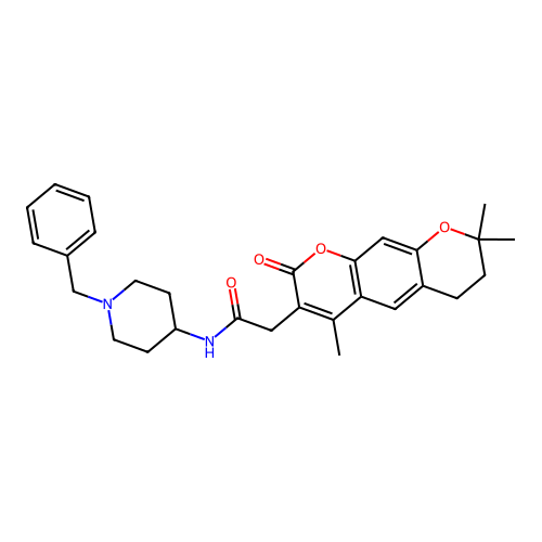 N-(1-benzylpiperidin-4-yl)-2-(4,8,8-trimethyl-2-oxo-2,6,7,8-tetrahydropyrano[3,2-g]chromen-3-yl)acetamide structure