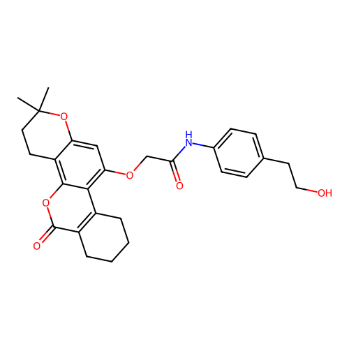 2-((2,2-dimethyl-6-oxo-2,3,4,6,7,8,9,10-octahydrobenzo[c]pyrano[2,3-h]chromen-11-yl)oxy)-N-(4-(2-hydroxyethyl)phenyl)acetamide structure