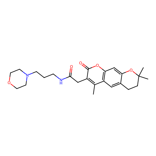 N-(3-morpholinopropyl)-2-(4,8,8-trimethyl-2-oxo-2,6,7,8-tetrahydropyrano[3,2-g]chromen-3-yl)acetamide structure
