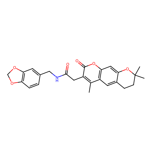 N-(1,3-benzodioxol-5-ylmethyl)-2-(4,8,8-trimethyl-2-oxo-7,8-dihydro-2H,6H-pyrano[3,2-g]chromen-3-yl)acetamide structure