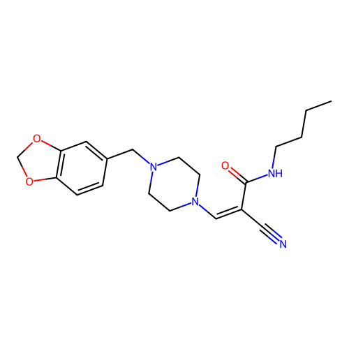 (E)-3-[4-(benzo[1,3]dioxol-5-ylmethyl)piperazin-1-yl]-N-butyl-2-cyano-prop-2-enamide structure