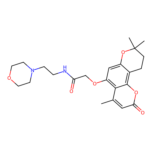 N-(2-morpholinoethyl)-2-((4,8,8-trimethyl-2-oxo-2,8,9,10-tetrahydropyrano[2,3-f]chromen-5-yl)oxy)acetamide structure