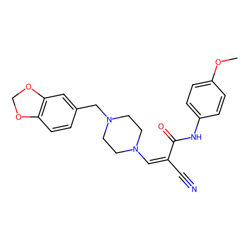 (E)-3-[4-(benzo[1,3]dioxol-5-ylmethyl)piperazin-1-yl]-2-cyano-N-(4-methoxyphenyl)prop-2-enamide structure